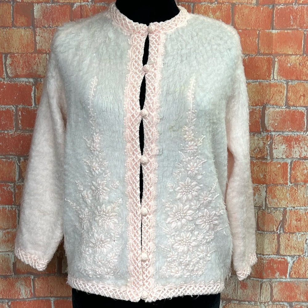 Vintage Pink and Cream Women's Cardigan Sweater